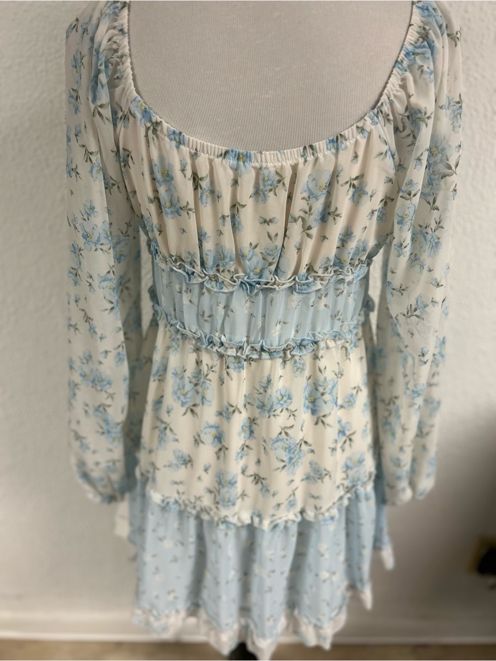 NWT Floral  Sheer Smocked Waist  Fairy Core Peasant Dress in Cream and Light Blu - Picture 2 of 4